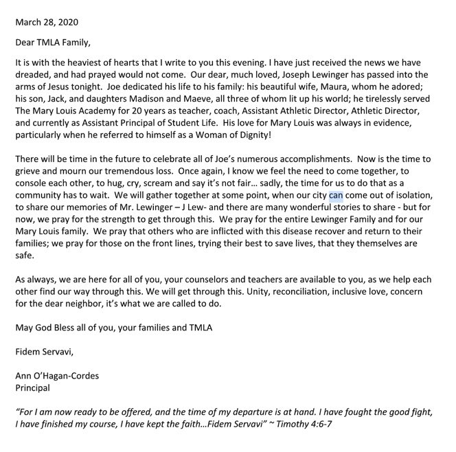 Please see the following letter from our Principal, Mrs. O’Hagan-Cordes.