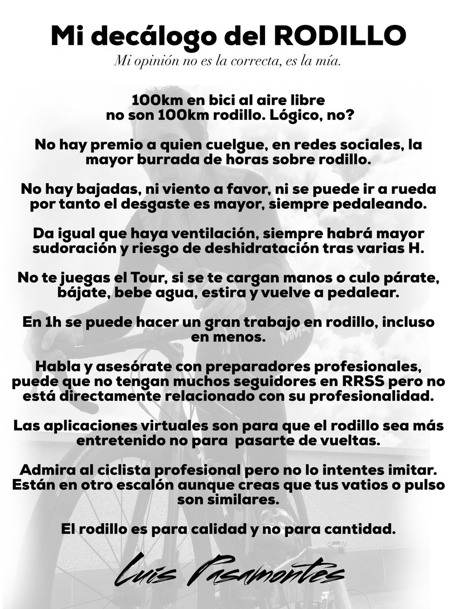 pasamontesluis's tweet photo. Muchos me habéis preguntado mi visión del entrenamiento #rodillo #biciestatica #spinning para estos días y este es mi decálogo. #yomequedoencasa #encasayconrodillo https://t.co/UrYvnOl0mq