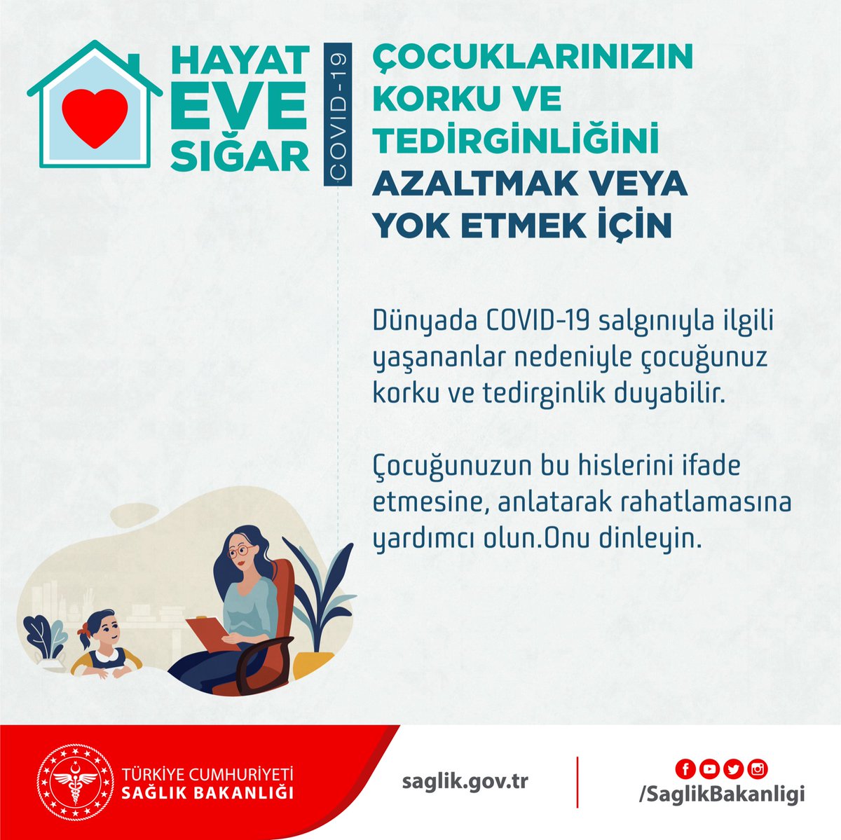 Dünyada COVID-19 salgınıyla ilgili yaşananlar nedeniyle çocuğunuz korku ve tedirginlik duyabilir.
Çocuğunuzun bu hislerini ifade etmesine, anlatarak rahatlamasına yardımcı olun. Onu dinleyin. #HayatEveSığar