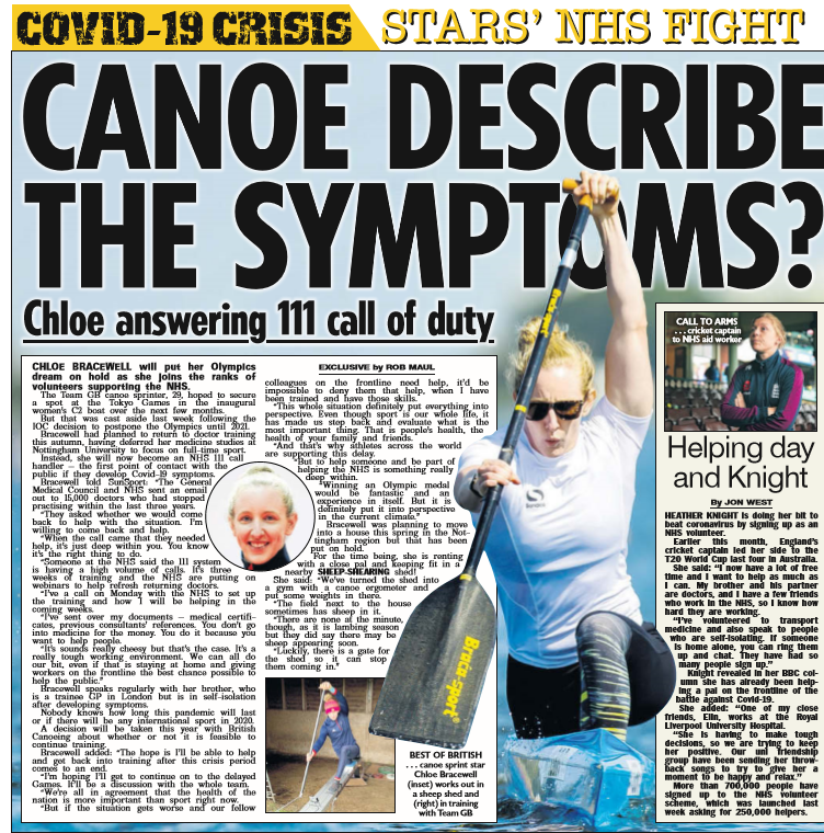 Rob_Maul's tweet photo. .@chloe_bracewell will put her Olympics dream on hold as she joins the ranks of volunteers supporting the NHS. The Team GB canoe sprinter, who had deferred her medicine studies, will help man the NHS 111 network...while keeping fit in a nearby sheep-shearing shed https://t.co/0HKQ1gRkyy