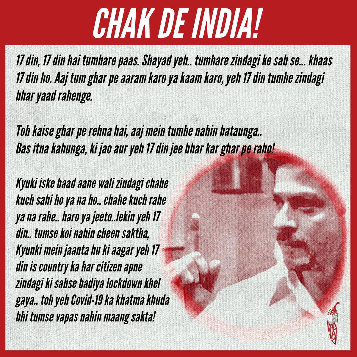 vfx_redchillies's tweet photo. As @iamsrk rightly said..
"Jo nahi ho sakta, vohi toh karna hai". 
- 🌶🏠

#CoronaLockdown #lockdown #StayAtHomeAndStaySafe #StaySafe #Coronaindia https://t.co/AX6zAdy3FU