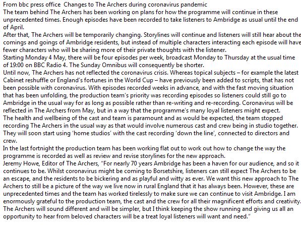 Statement from <a href="/BBCTheArchers/">The Archers</a> about coping with production during the Coronavirus crisis, and the changes listeners will hear: