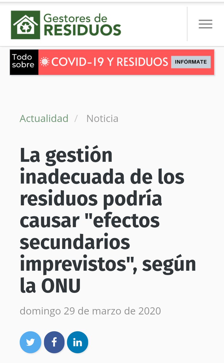 Ante la pandemia #COVID19 y sus repercusiones en la salud humana y la economía se insta a los gobiernos a que traten la gestión de  #residuos, incluidos los médicos, domésticos y peligrosos, entre otros, como un servicio urgente y esencial

gestoresderesiduos.org/noticias/la-ge…
