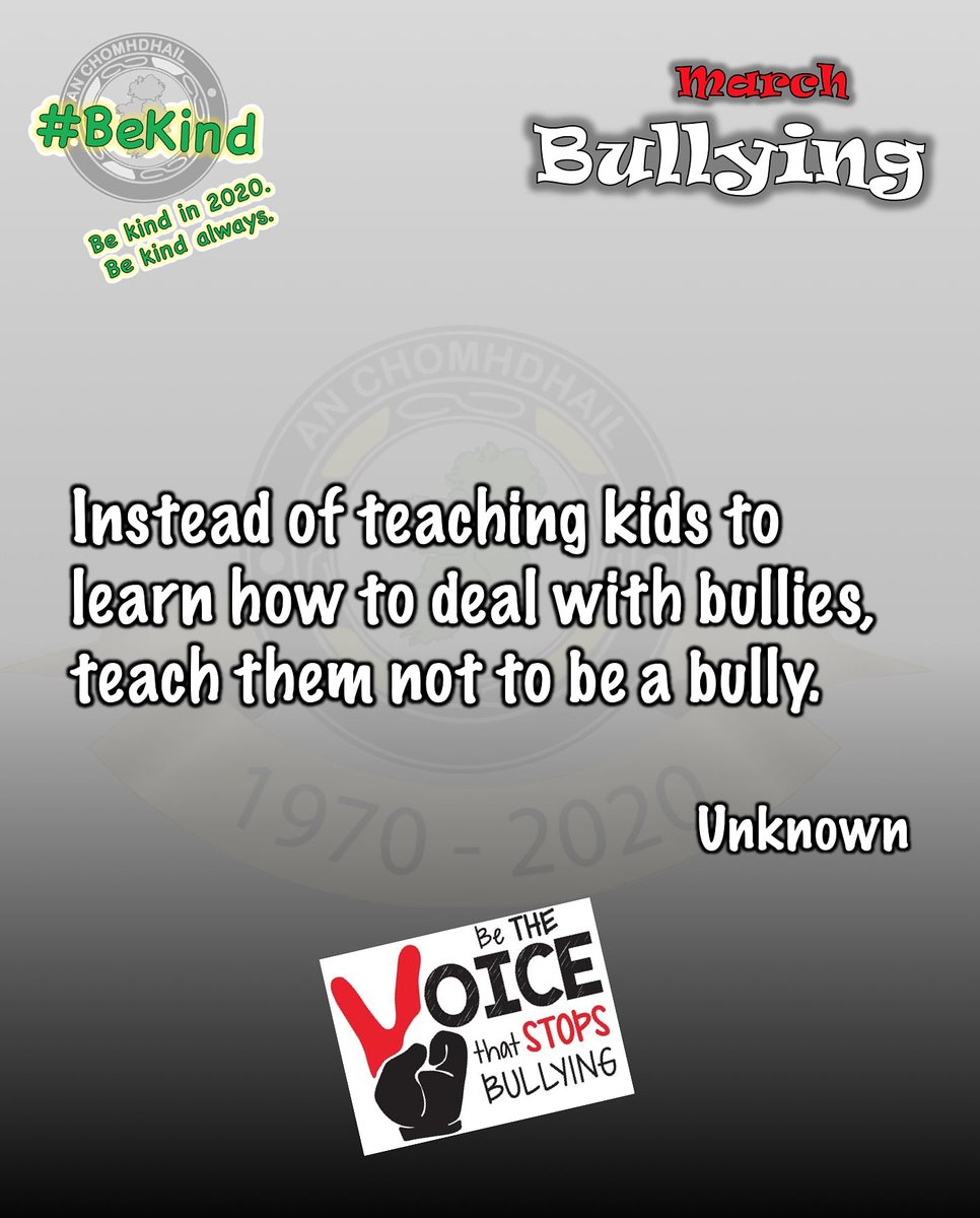 AnChomhdhail's tweet photo. Our fifth and final weekly quote for March!
One for our parents this time... 

Teach kids to BE THE VOICE THAT STOPS BULLYING

#AnChomhdhail50thAnniversary #GoldenJubilee #BeKind #BeKindIn2020 #BeKindAlways https://t.co/C5B8Fos6tq