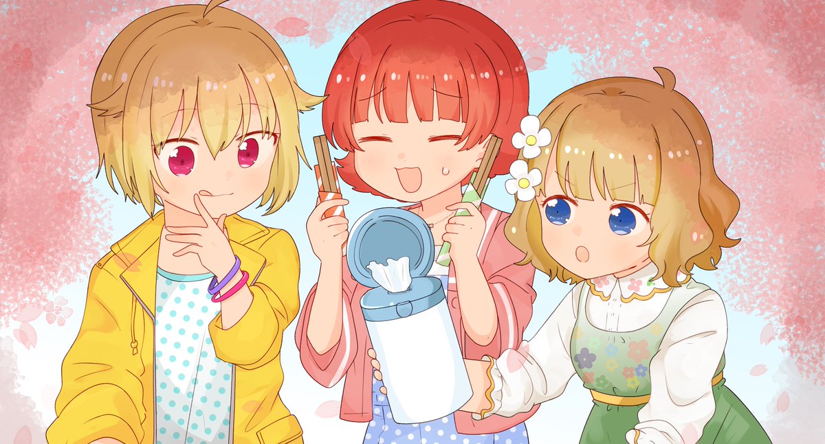 ibuki tsubasa ,suou momoko multiple girls 3girls blue eyes ahoge hair ornament hair flaps hair flower  illustration images