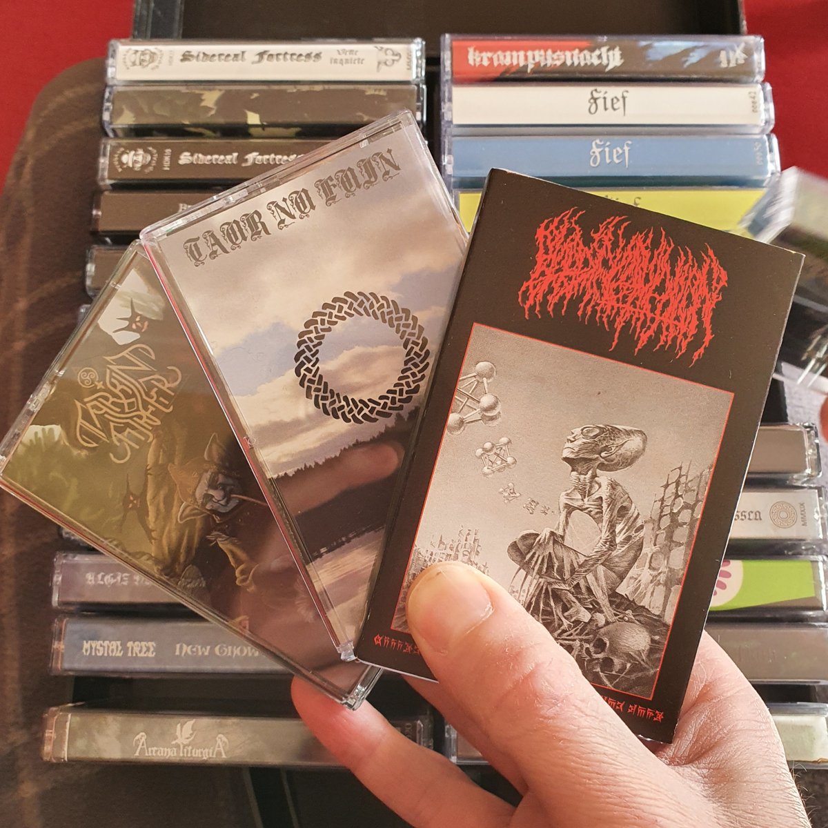 boysmithers's tweet photo. Been ages since I listened to a tape, playing these today #TarkinTurfer #TaurNuFuin #BloodIncantation https://t.co/YKjU6MYdF1