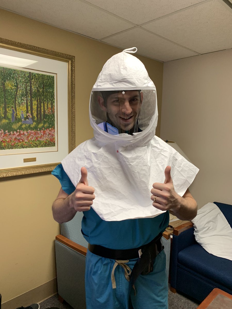 nickmmark's tweet photo. So thankful for the hardworking engineering staff who brilliantly innovated this improved PPE. That’s a hard hat insert attached to the 3M Versaflow hood with Velcro to make it comfortable and stay in place. Reusable. Perfect for keeping me safe during intubation🙏#InThisTogether https://t.co/gKMa01J8cf