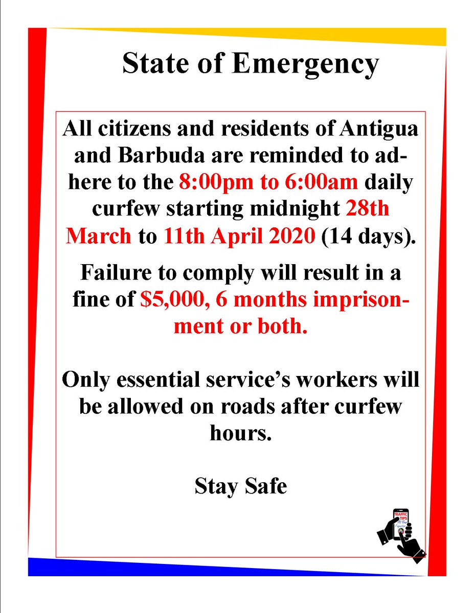 traffictips268's tweet photo. Please be reminded the following curfew notice as advised by the Government of Antigua and Barbuda.  Save yourself some coins and stay home. #traffictips268 #antigua #curfew #StayAtHomeAndStaySafe #Covid_19 #BeSafeOutThere https://t.co/X3P9ds6DuE