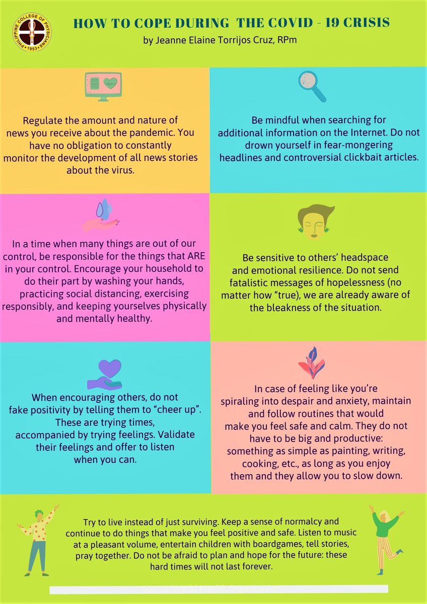 pcp1953's tweet photo. How to cope during COVID-19 crisis? Here are seven tips from Psychometrician Jeanne Elaine Torrijos Cruz to help you get by in these challenging times.
#imcares #imfrontliners https://t.co/fDH8vQFvhT