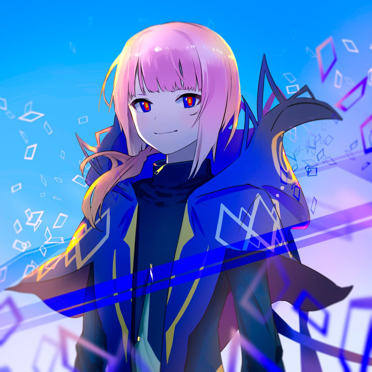 1girl solo yellow pupils multicolored eyes pink hair hood looking at viewer  illustration images