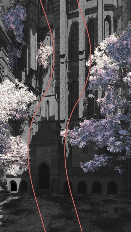 「【解説】
まず見られるのは全体の印象と桜だと思われる。
・全体は対角線構図にして」|わいっしゅのイラスト