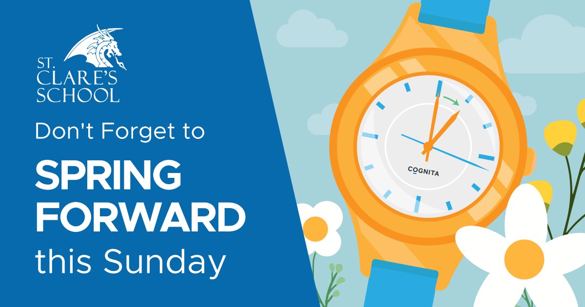 StClares_School's tweet photo. Don’t forget! It’s time to Spring into Summer and set your clocks forward 1 hour this Sunday. Tell us how you’ll be enjoying the lighter evenings…socially distanced, of course.
#clocksforward #clocksgoforward #clocksgoingforward #StaySafeStayHome @CognitaSchools @WelshISC https://t.co/gj5gtniuC6