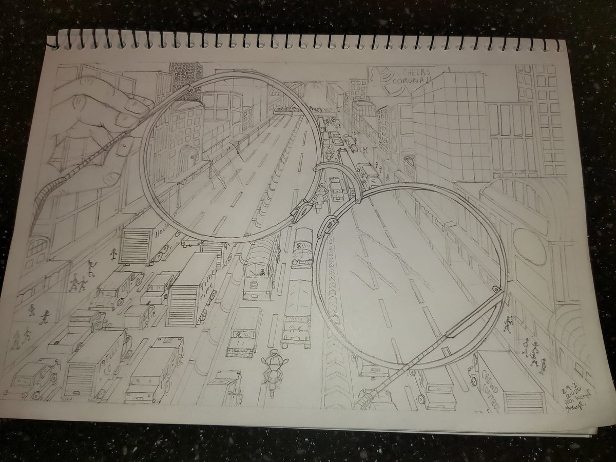 LILREDo7's tweet photo. Day 4 Quarentine :)
29/3/20
this is the 2nd drawing of the series ' REALITY'. :) Its showing a busy city which is now empty :) https://t.co/oV17h0OXM2
