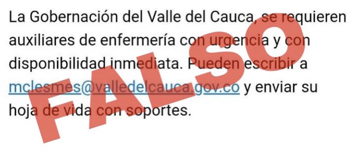 secsaludvalle's tweet photo. 🚨¡FALSO!🚨

La Gobernación del Valle del Cauca no está reclutando personal de enfermería ❌ 

Evitemos las noticias falsas, no contribuyas a difundir este tipo de mensajes 🗣 infórmate solo de canales oficiales y comparte📲 https://t.co/lXOZn7pHtp