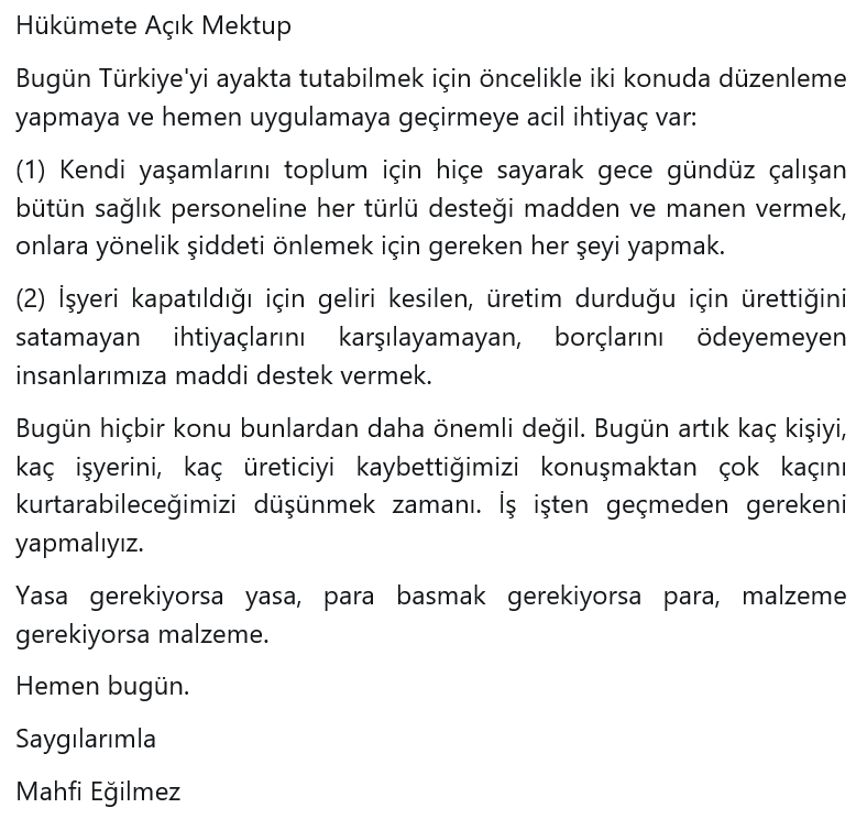 Hükümete Açık Mektup: Hemen Bugün