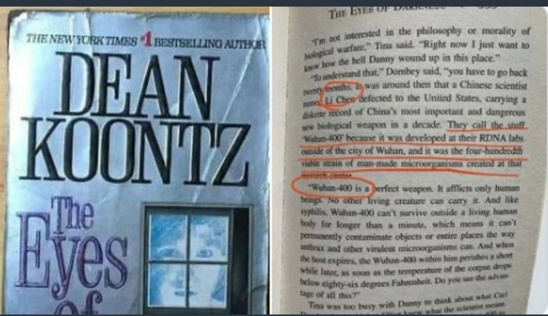 Go through page 353 in the book "The Eyes Of Darkness" written by Dean Koontz. The book was published in 1981, and it's clearly written in the book that the  #CoronaVirus was Made in a lab in his city of Wuhan, the most hidden, later china will use it to reduce the population.