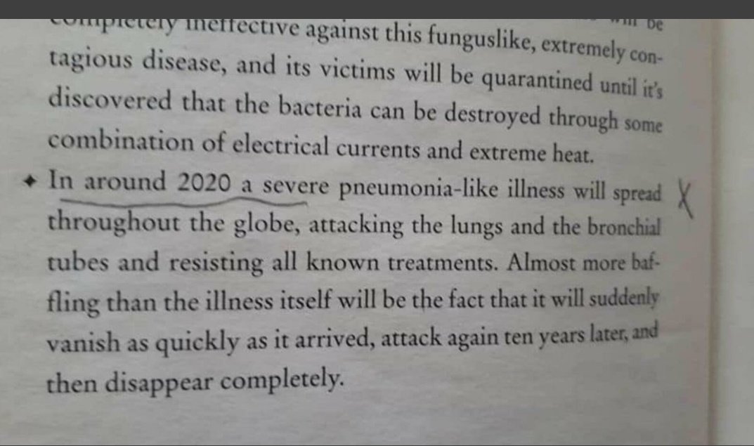 Go through page 353 in the book "The Eyes Of Darkness" written by Dean Koontz. The book was published in 1981, and it's clearly written in the book that the  #CoronaVirus was Made in a lab in his city of Wuhan, the most hidden, later china will use it to reduce the population.