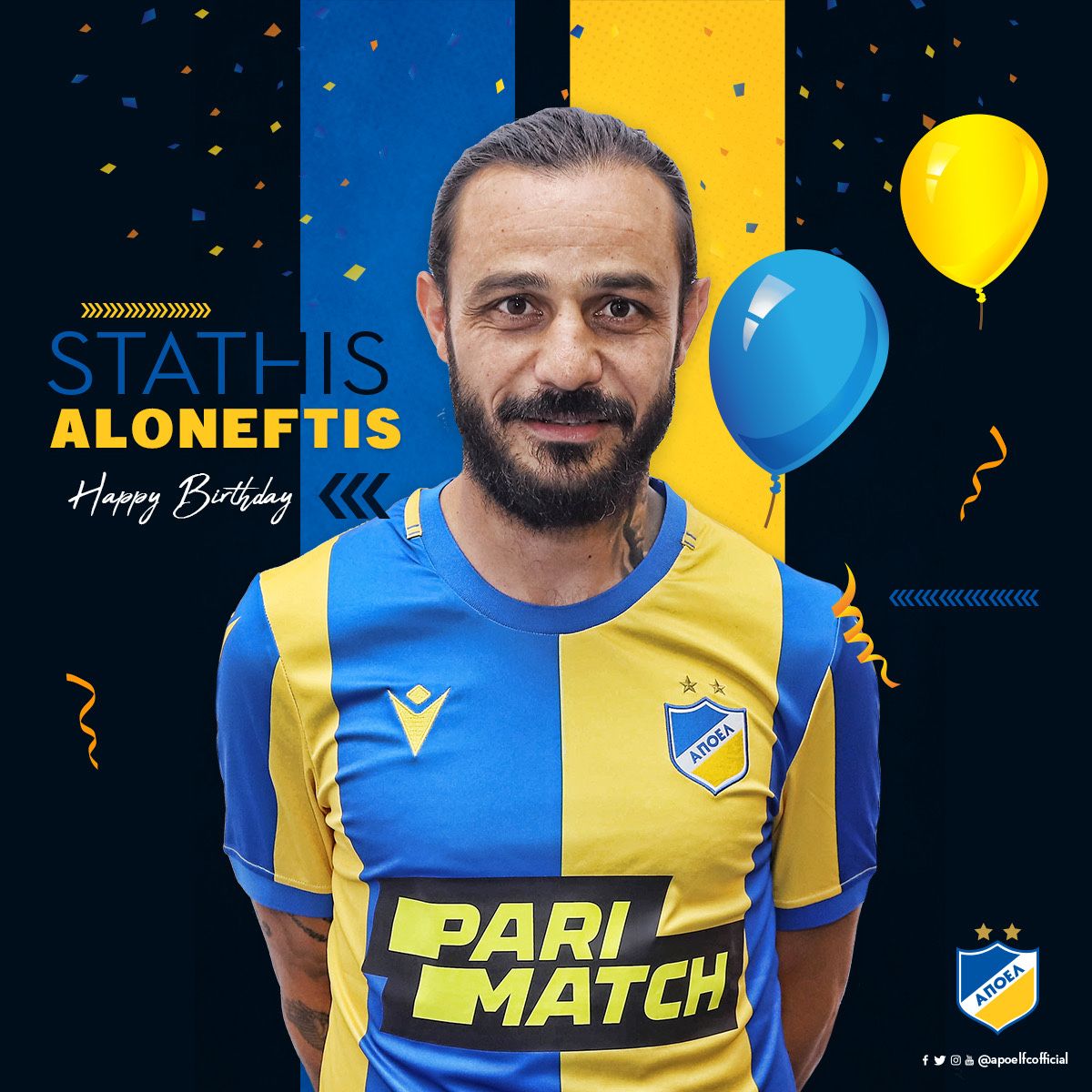 apoelfcofficial's tweet photo. Χρόνια πολλά Στάθη! 🎉🎁🎂
Happy 37th #Birthday #Aloneftis! #APOELFC https://t.co/NTcMAYQmUK