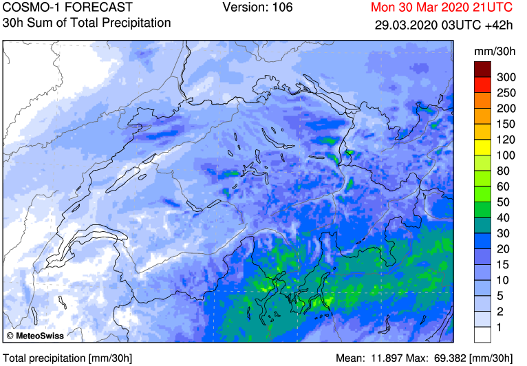 MeteoSvizzera's tweet photo. Pioggia in vista dalla serata odierna. Limite delle nevicate in calo da 1500m fin verso gli 800m entro lunedì sera. In immagine gli accumuli di precipitazioni su 30 ore entro la notte su martedì, previsti da #Cosmo1 #MeteoSvizzera https://t.co/XChKGJK8mv