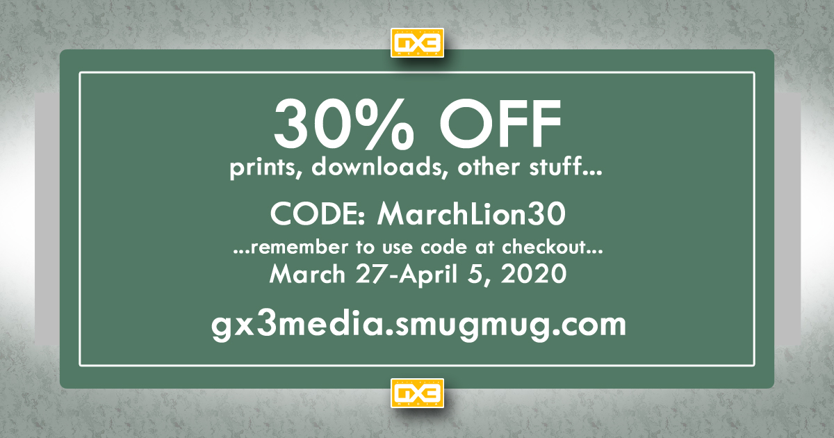 NBGX3Media's tweet photo. We're ending March like a LION. 30% off sale!
Prints, downloads, etc... at https://t.co/r4EpRlxCNb …
Sale runs March 27-April 6, 2020...
Use code: MarchLion30 at checkout...
WOOT WOOT!!! https://t.co/xGikgrU2sc