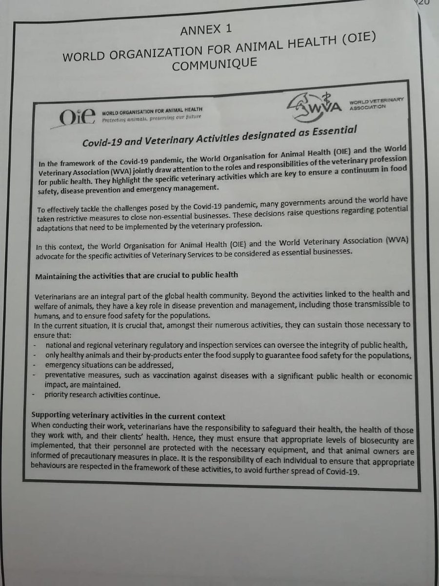 Dear <a href="/FredMatiangi/">Dr. Fred Matiangi, EGH, PhD, HSC</a>: veterinary services are essential as they are part of Health services. The Constitution schedule 4 part 2 clearly stipulates that Veterinary. UN has also designated Animal Health as Essential Service. Yesterday veterinary officers were arrested #CurfewinKenya
