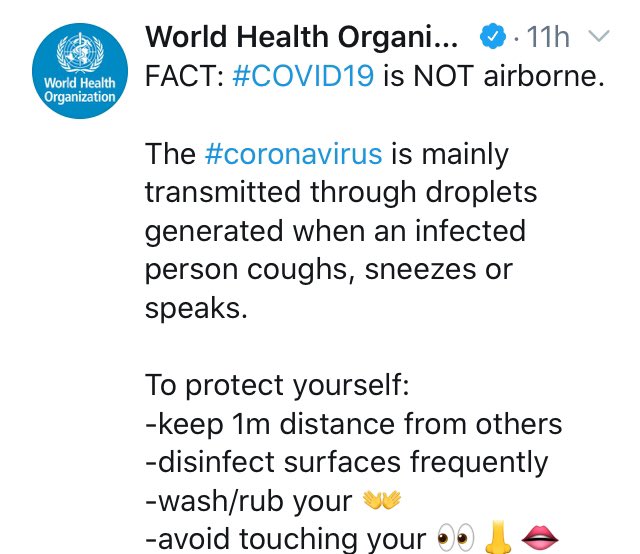 COVID mythbusting: Part 3Myth: Coronavirus is airborne. Wrong: It’s a droplet infection, requiring close contact. The NEJM article only hinted at the virus’ ability to be aerosolized in a lab. Our air is CLEAN! Walk in a park!WHO also approves this position.