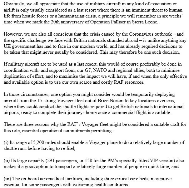 EmilyThornberry's tweet image. The papers say Raab will announce repatriation plans today for Brits #StrandedAbroad, including using the RAF Voyager Fleet, as @NiaGriffithMP and I suggested to him last week (extract attached). Good news if true, but we’ve had false dawns before, so let’s keep the pressure up.