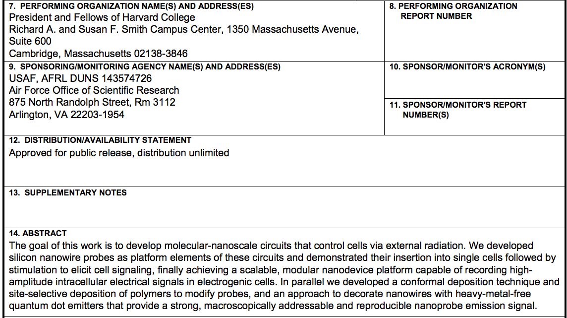 AIR FORCE RESEARCH LABORATORYAFRL-AFOSR-VA-TR-2018-0375 https://apps.dtic.mil/dtic/tr/fulltext/u2/1061425.pdfCyborgcell: Molecular-Nanoscale Circuits for Active Control of CellsCharles LieberHARVARD COLLEGE PRESIDENT & FELLOWS OF