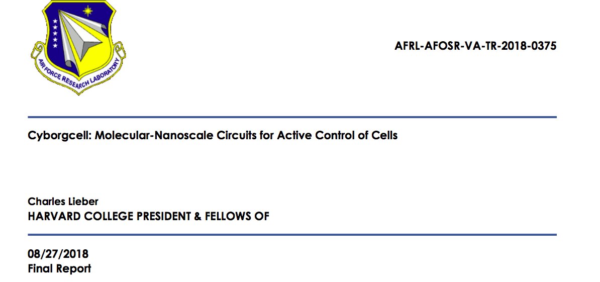 AIR FORCE RESEARCH LABORATORYAFRL-AFOSR-VA-TR-2018-0375 https://apps.dtic.mil/dtic/tr/fulltext/u2/1061425.pdfCyborgcell: Molecular-Nanoscale Circuits for Active Control of CellsCharles LieberHARVARD COLLEGE PRESIDENT & FELLOWS OF