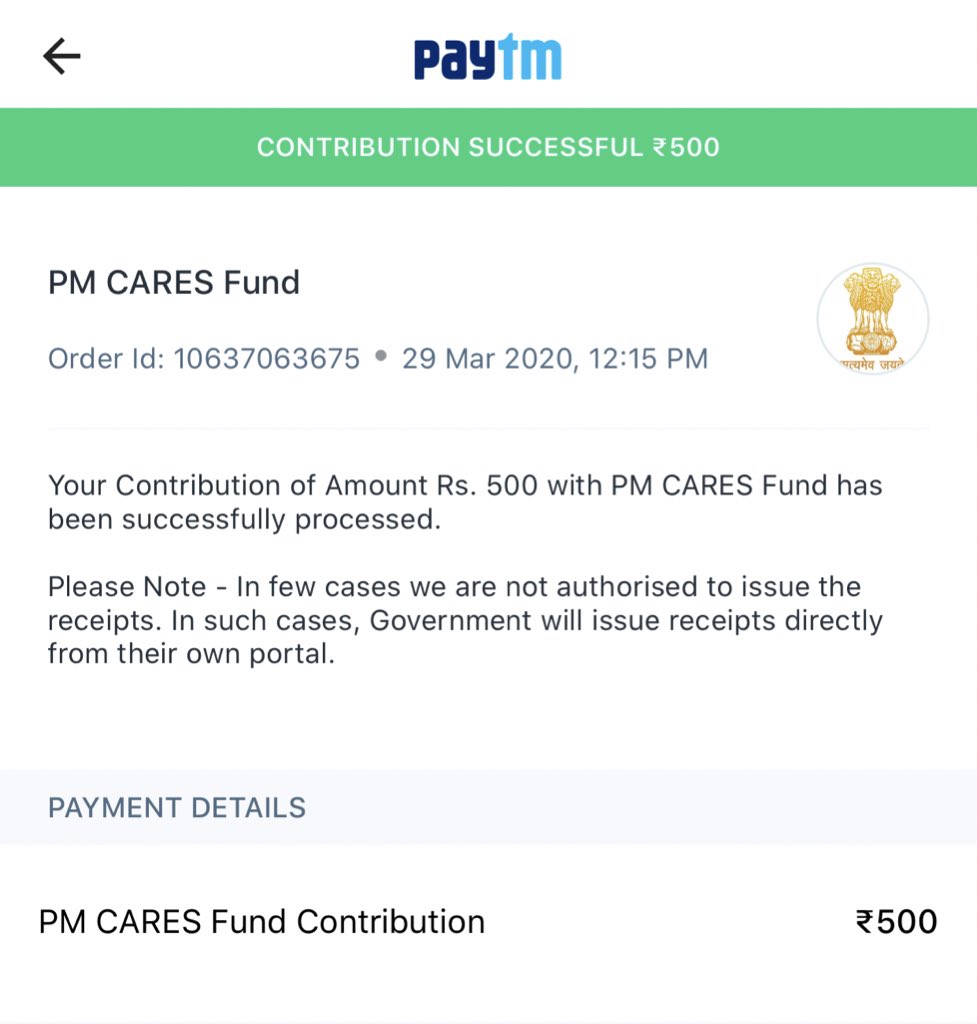 A small contribution to #PMCARES #FightAgainstCOVID19 <a href="/narendramodi/">Narendra Modi</a> #Paytm