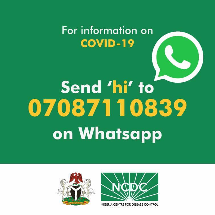 NCDCgov's tweet photo. 📢 #COVID19Nigeria 

Our newly launched @WhatsApp service allows for 2-way conversations on WhatsApp

We‘ll send real-time messages to all Nigerians who opt into the service, &amp; Nigerians can also engage directly with us
#TakeResponsibility

Add NCDC via: https://t.co/hozu9wVBD3 https://t.co/1QzavETLdN