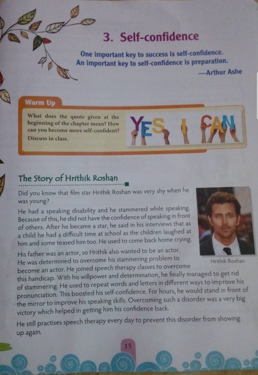 aruna_mahendran's tweet photo. Felt bored, so I was reading a  textbook of my niece. I was surprised to see this page. This is from the value education textbook of class 6. Whoelse can teach self-confidence better than him?Proud of you  @iHrithik sir❤️ @HrfcTamilnadu @HrithikRules @HrithikInspires https://t.co/ukwlDkqa0N