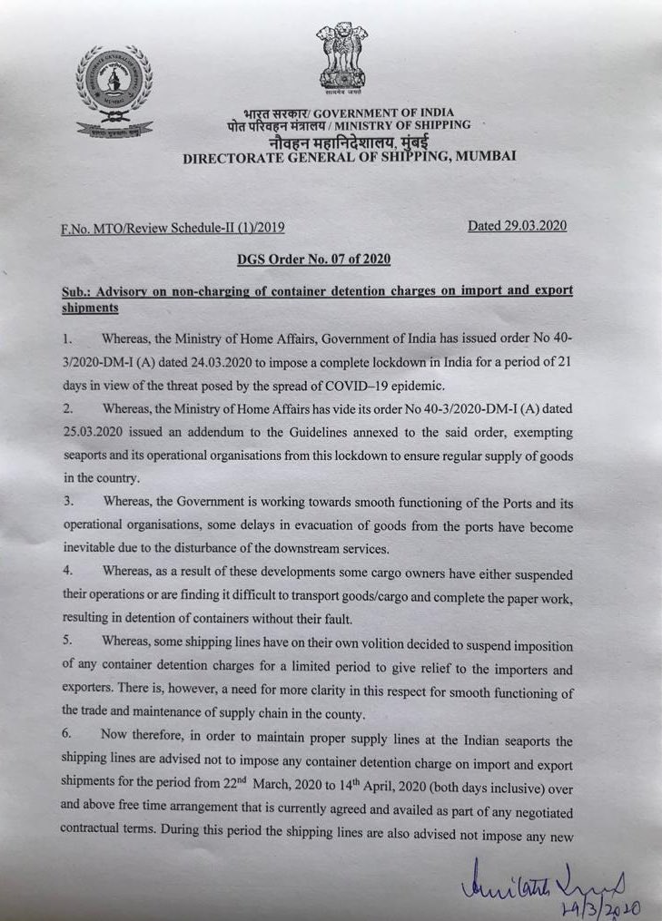 mansukhmandviya's tweet photo. Government is taking all-round actions to fight against #COVIDー19 and it’s negative impacts on the economy.

@shipmin_india has ordered all shipping lines not to collect any detention charges on EXIM Cargo at seaports of the country. 
#IndiaFightsCorona https://t.co/WD945NiLJp