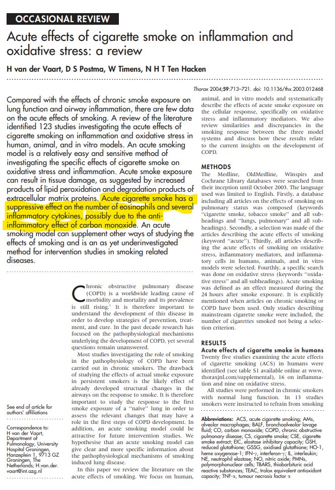 Acute effects of cigarette smoke on inflammation and oxidative stress-a review"Acute cigarette smoke has a suppressive effect on the number of eosinophils and several inflammatory cytokines, possibly due to the anti-inflammatory effect of carbon monoxide" https://thorax.bmj.com/content/59/8/713