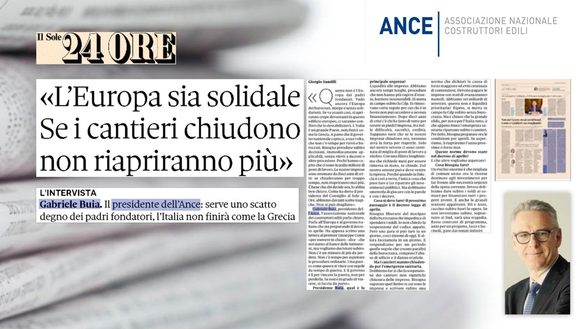 ancenazionale's tweet photo. Il Presidente Buia oggi in prima pagina sul @sole24ore in un'intervista di @giorgiosantilli: ci vogliono subito risorse immediatamente spendibili. https://t.co/lUXxKnfKGl