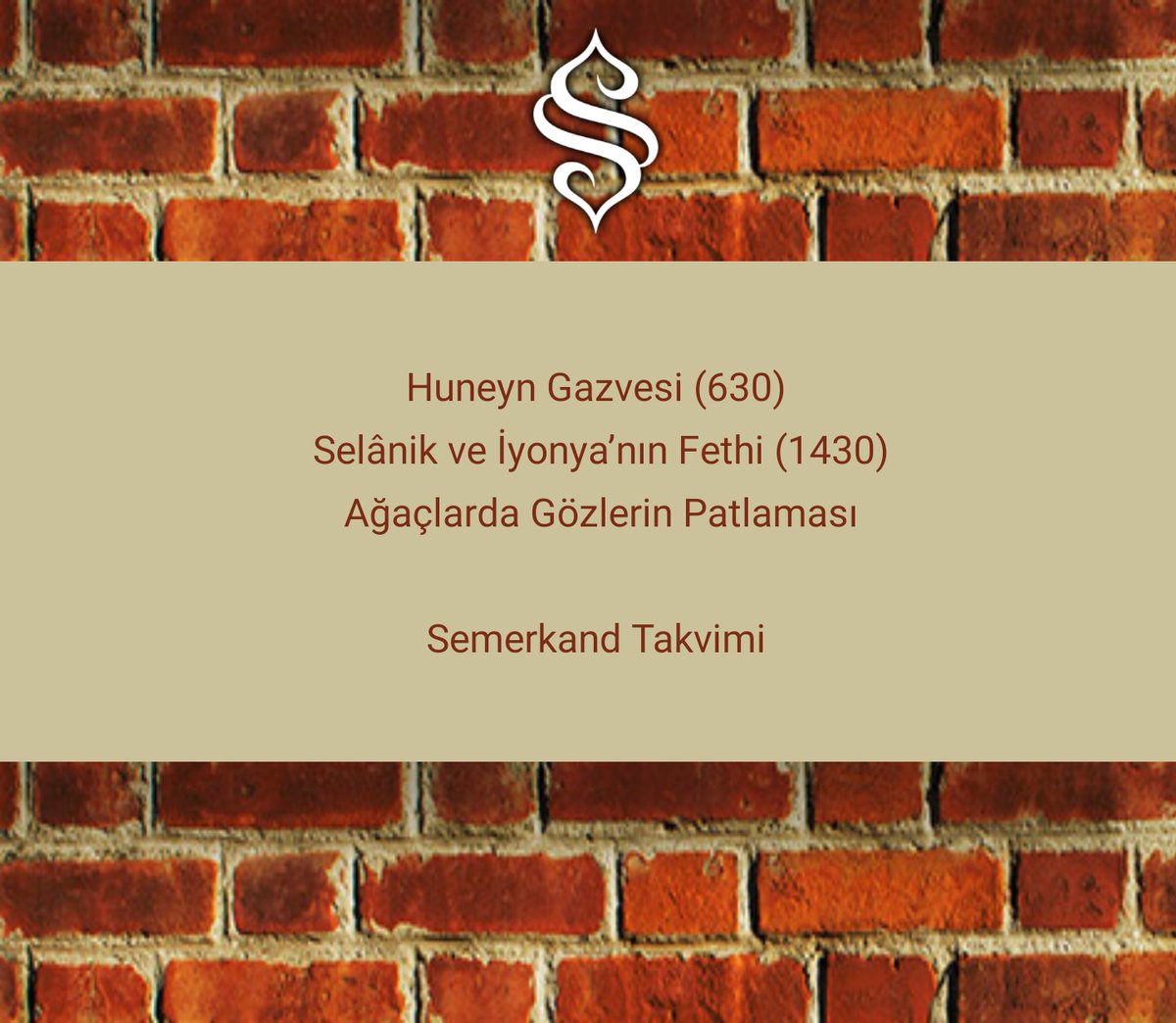 📌 #TarihteBugün 

Huneyn Gazvesi (630)
Selanik ve İyonya'nın Fethi (1430)
Ağaçlarda Gözlerin Patlaması

#HayatEveSığar