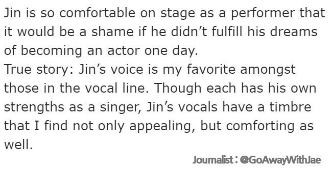 Journalist  @GoAwayWithJae complimenting Seokjin voacls saying "Jins vocals have a timbre that is not only appealing but comforting as well"He all knew Seokjin can heal with his vocals  @BTS_twt  #방탄소년단  #진  #석진  #방탄소년단진  #방탄진  #JIN  #SEOKJIN  #BTSJIN