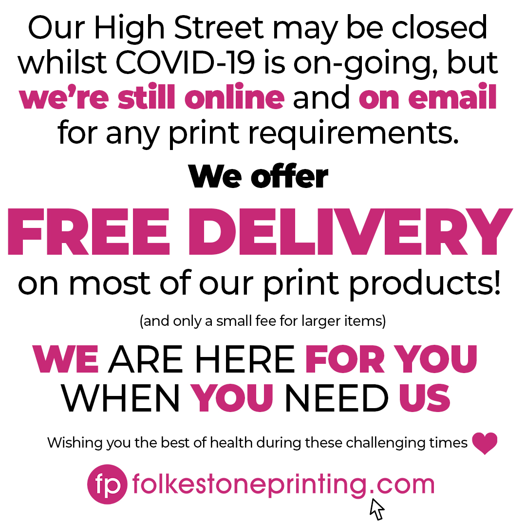 Our High Street shop may be closed whilst COVID-19 is on-going but we're still online and available by email if you need us. FREE delivery on most of our products too.
Wishing everyone the best of health. Stay safe xxx #folkestone #folkestoneprinting #covid19UK #printfolkestone