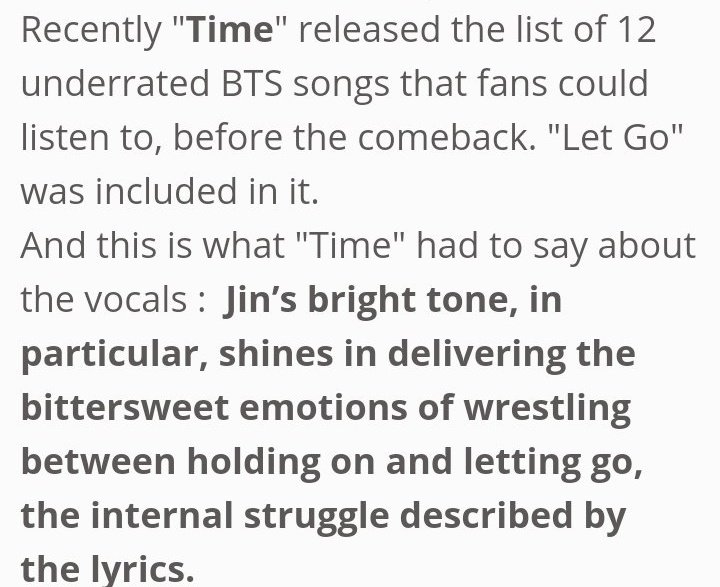 Time complimenting Seokjin while mentioning Let Go. "Jin brigth tone in particular shines in delivering the bittersweet emotions"He is widely acknowledged to have an emotional passionate voice @BTS_twt  #방탄소년단  #진  #석진  #방탄소년단진  #방탄진  #JIN  #SEOKJIN  #BTSJIN