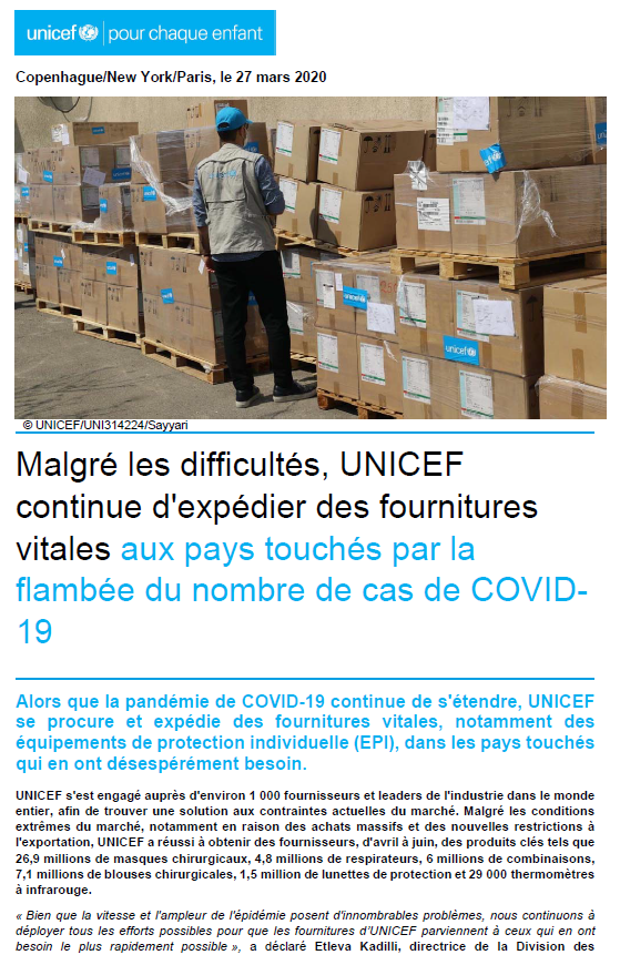 Unicef28's tweet photo. Malgré les difficultés, UNICEF continue d’expédier des fournitures vitales aux pays touchés par la flambée du nombre de cas de COVID-19 https://t.co/mX0ezhqYxM https://t.co/zte7cgdnfu
