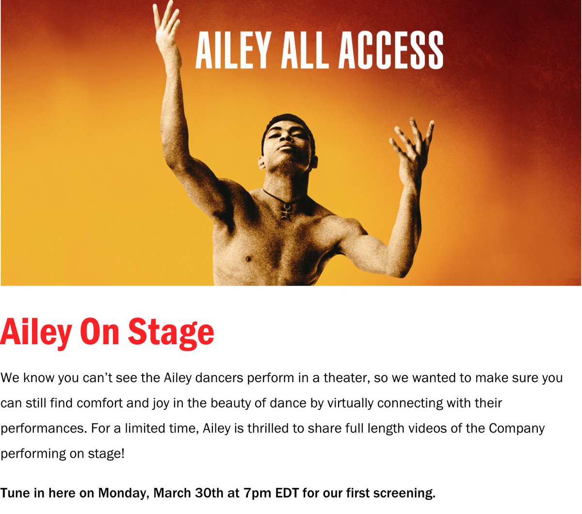  #TheShowMustGoOn! The Alvin Ailey American Dance Theater is bringing performances to the audience online. Check out Ailey All Access Monday, March 30th at 7pm EDT for the first screening.  https://www.alvinailey.org/ailey-all-access  #TheArts  #AileyAllAccess  #alvinailey  #danceathome  #Coronavirus