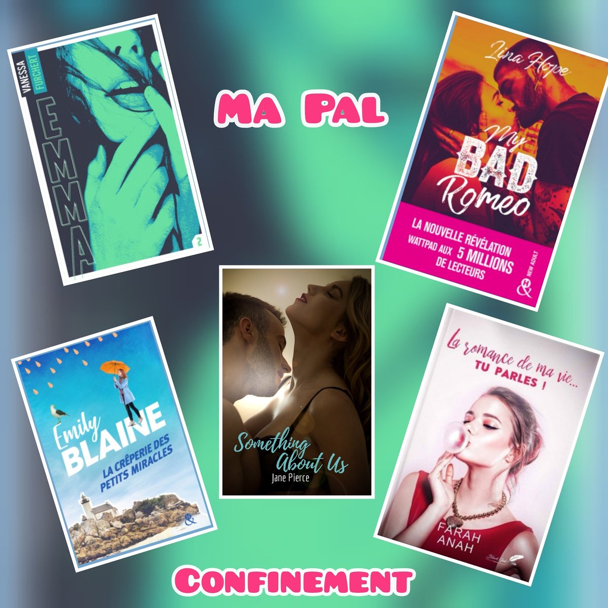PtitMondeCeline's tweet photo. Je vous présente ma Pal spéciale confinement.❤️
Du suspens avec  @vanessafurchert
De l'humour avec #farahanah
Et de l'émotion et de la passion avec #linahope @Emilyblaine14 et @JeannePears à paraître début avril
De quoi se changer les idées en ces temps moroses https://t.co/dpLucZEtMx