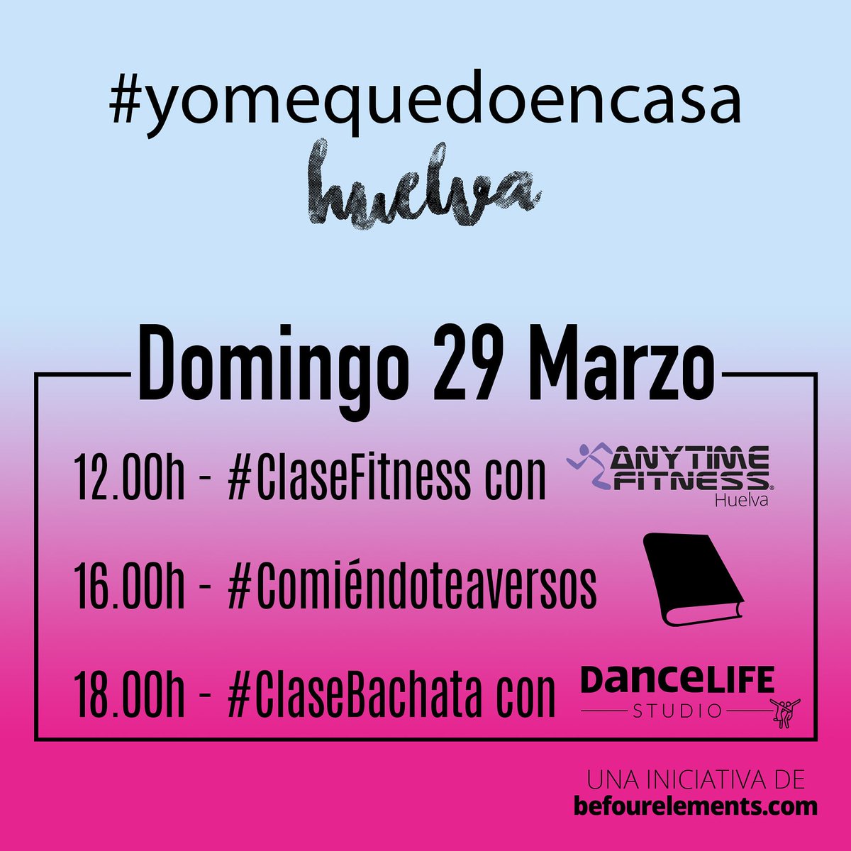 Mequedoncasa's tweet photo. 📣 Programación Domingo 29 Marzo 📣
A las 12.00h clase de Full Body con Erick de Anytime Fitness Huelva🏋🏻‍♀️🏋🏻‍♂️
A las 16.00h #Comiéndoteaversos 🤩📚
Y a las 18.00h Clase de Baile para l@s más Pequeñ@s de la casa con Lidia Fernández de Dancelife  STUDIO 💃🏻🕺🏻🥳
¡Vamos! 👑🦠👊🏻 https://t.co/MzawfVvMnV