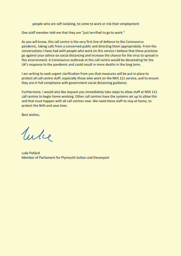 LukePollard's tweet photo. I've written to the Health Secretary @MattHancock outlining urgent concerns about the NHS 111 call centre in Plymouth.

I've been in touch with worried staff, who have told me that proper social distancing measures aren't in place, putting them at risk. https://t.co/OhWMUX9paW