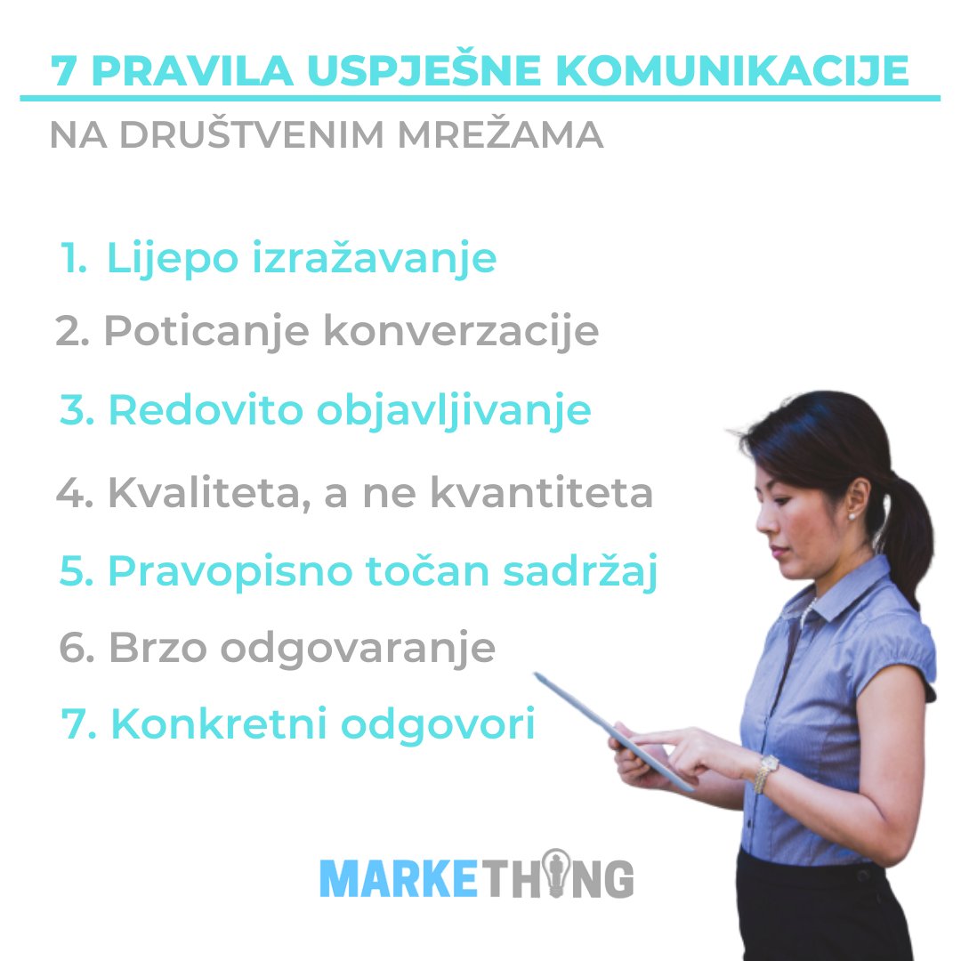 Markething_hr's tweet photo. Vodili osobni ili poslovni profil na društvenim mrežama📲, komunikacija je ključna u zadobivanju pratitelja i potencijalnih klijenata.
Što mislite, koje je od ovih 7 pravila najvažnije?🤔 https://t.co/54wpj4niyO