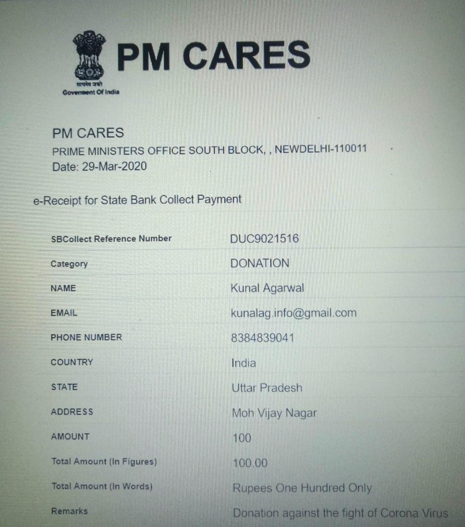 masterkunal_ka's tweet photo. I have done a small contribution of Rs 100 against the fight of Corona Virus. All are requested to join hands in supporting our government. I support PM @narendramodi . 
#safeindia #IndiaFightsCornona #PMCARES https://t.co/b2pO6FoFL0