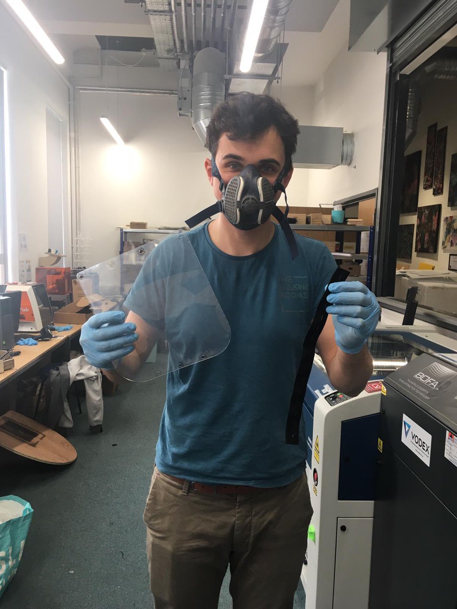T_Mac_P's tweet photo. First mask of 150 to donate to the NHS is complete 🙂 thank you to @TheMakingRooms @Prusa3D and helper Mel https://t.co/VYYqi18SFG