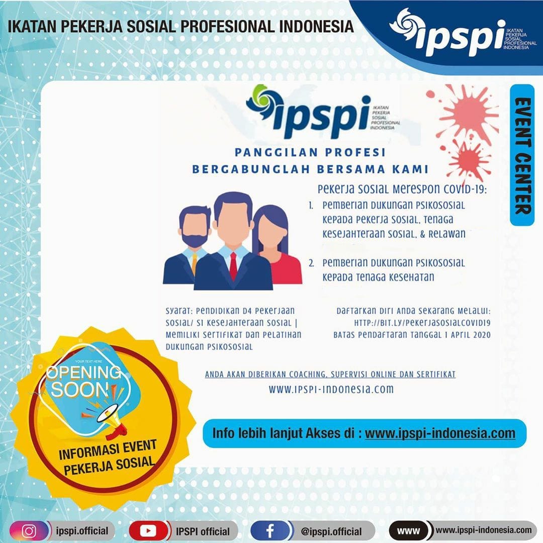 Ayo tunggu apa lagi, daftarkan dirimu segera ke bit.ly/pekerjasosialc… Batas pendaftaran hingga tanggal 1 April 2020. Setelah itu, Anda akan mendapatkan Coaching, Supervisi Online dan Sertifikat setelah melaksanakan program ini.