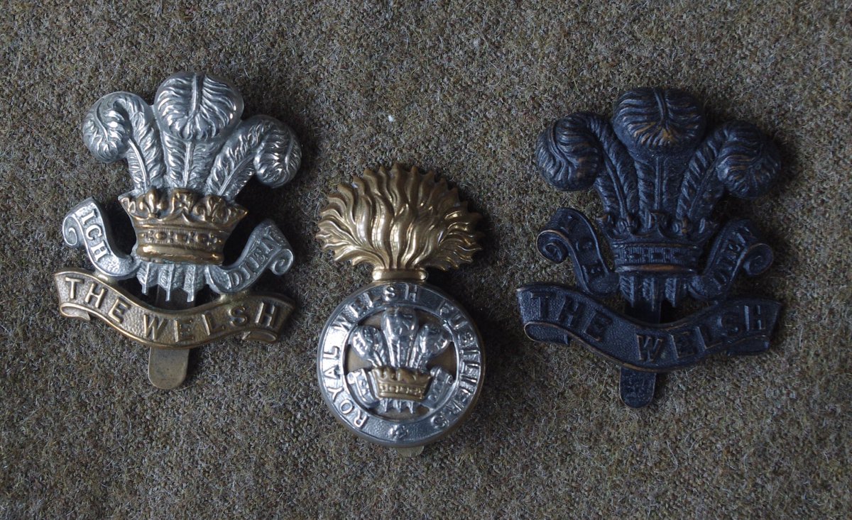 Cap Badges of the First World War: The Royal Welsh Fusiliers & the Welsh Reiment. Post-war, they would return to the ancient ‘Welch’ spelling. (L-R) Welsh Regiment; Royal Welsh Fusiliers; 7th (Cyclist) Bn, Welsh Regiment.  #WW1  #FWW
