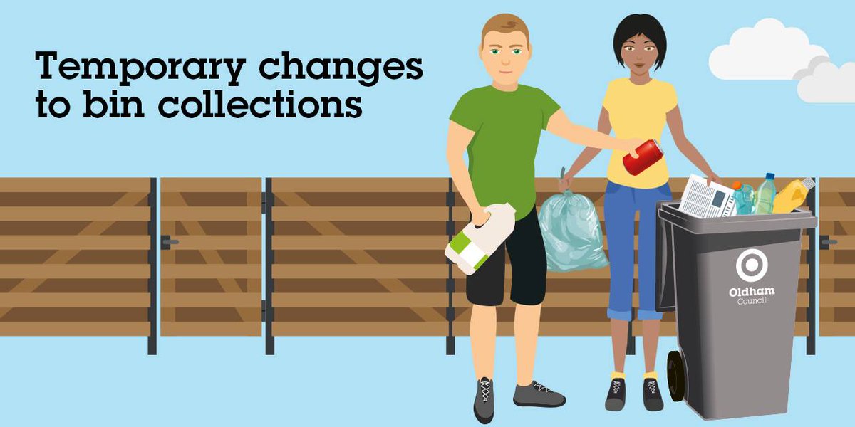 From 30 March we're TEMPORARILY introducing weekly general waste collections in #Oldham due to the #coronavirus crisis. This means:
🗑Only put your grey bin out on your usual collection day
🗑Put all waste i.e. food/recyclables in your grey bin

More info: bit.ly/2QOH0G1